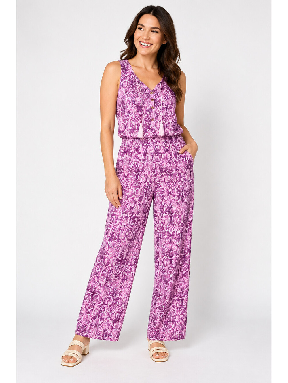 Denim & Co. Beach Knit Sleeveless Slash Pockets Jumpsuit Wisteria Size Petite 1X